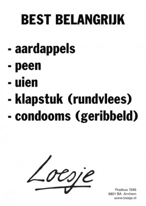 best belangrijk aardappels peen uien klapstuk (rundsvlees) condooms (geribbeld)