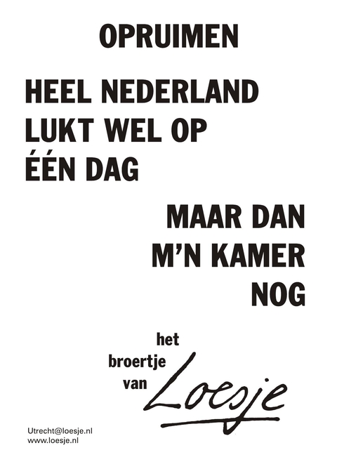 Opruimen heel nederland lukt wel op een dag maar dan mn kamer nog het broertje van