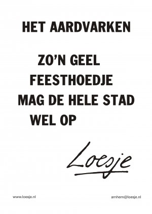 Het aardvarken zo’n geel feesthoedje mag de hele stad wel op