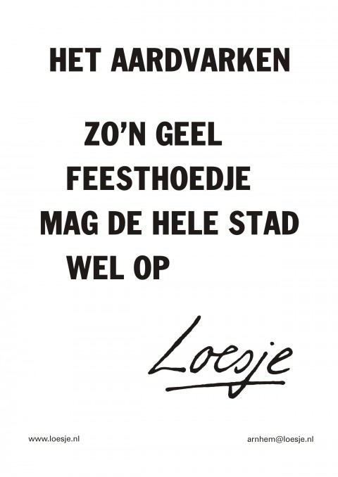 Het aardvarken zo’n geel feesthoedje mag de hele stad wel op