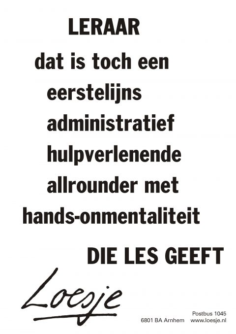 Leraar dat is toch een eerstelijns administratief hulpverlenende allrounder met hands on mentaliteit die les geeft