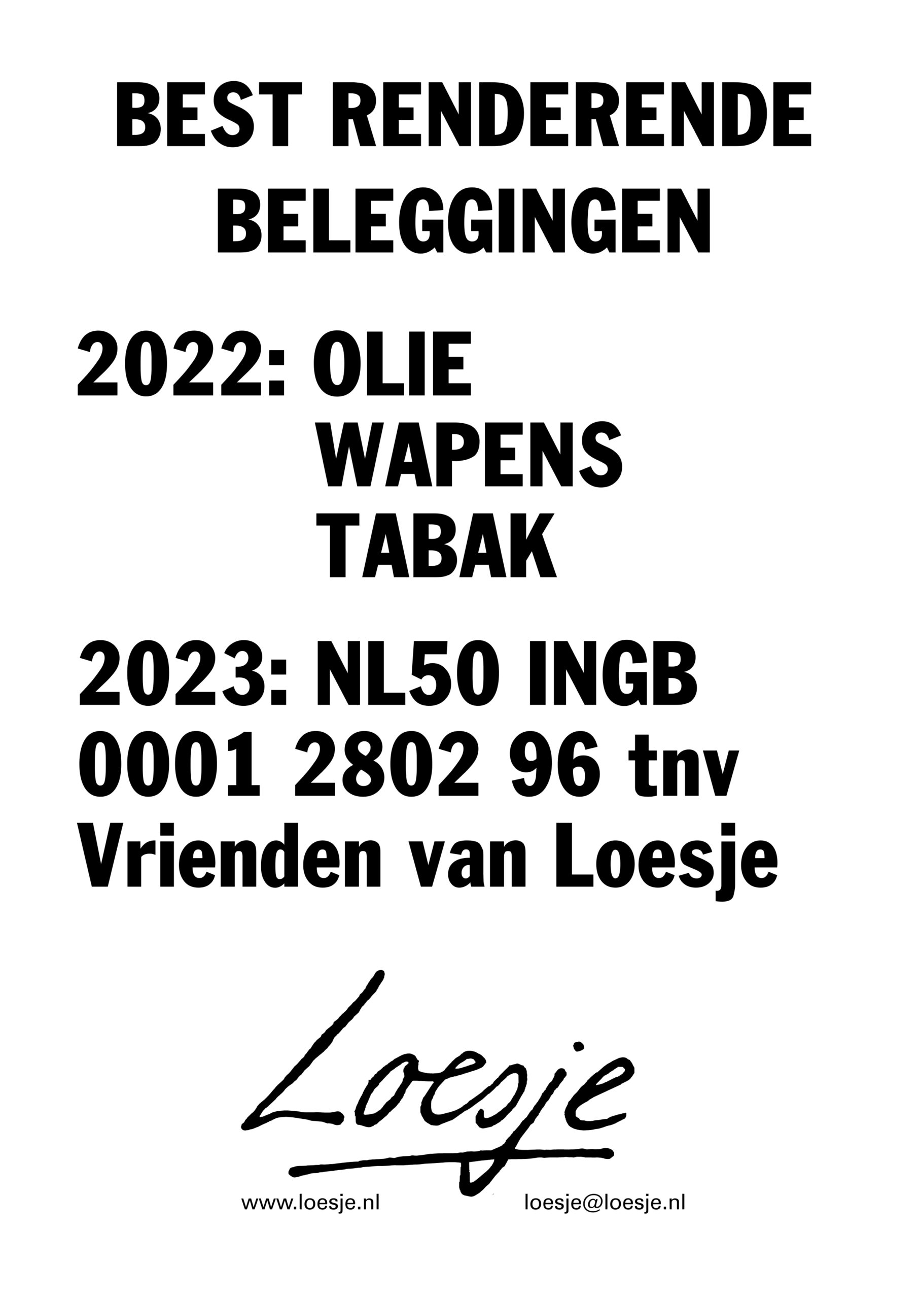 Best renderende beleggingen / 2022: olie/wapens/tabak / 2023: NL50 INGB 0001 2802 96 tnv Vrienden van Loesje