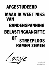 Afgestudeerd / maar ik weet niks van bandenspanning / belastingaangifte of streeploos ramen zemen